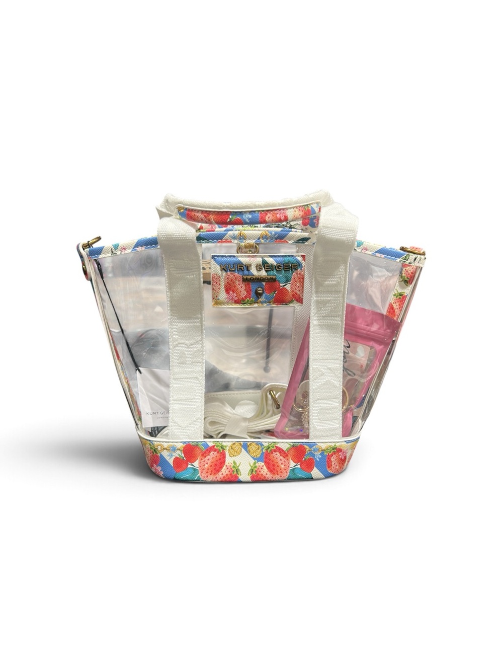 Kurt Geiger Clear Tote with Strawberry Print and White Trim
